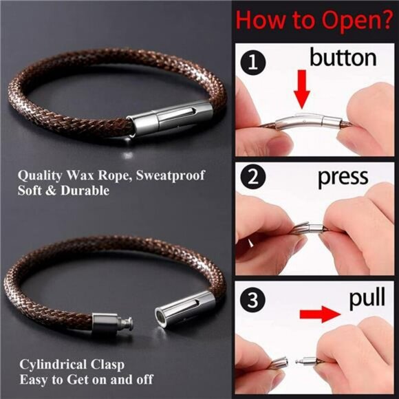 Personalized Leather Bracelet Custom Name Beads Mens Waterproof Cuff Gift - Picture 6 of 7